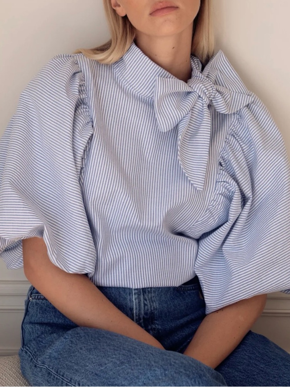 Rosae Paris Le Claude Light Blue Striped Bow-Neck Puff Sleeve Blouse